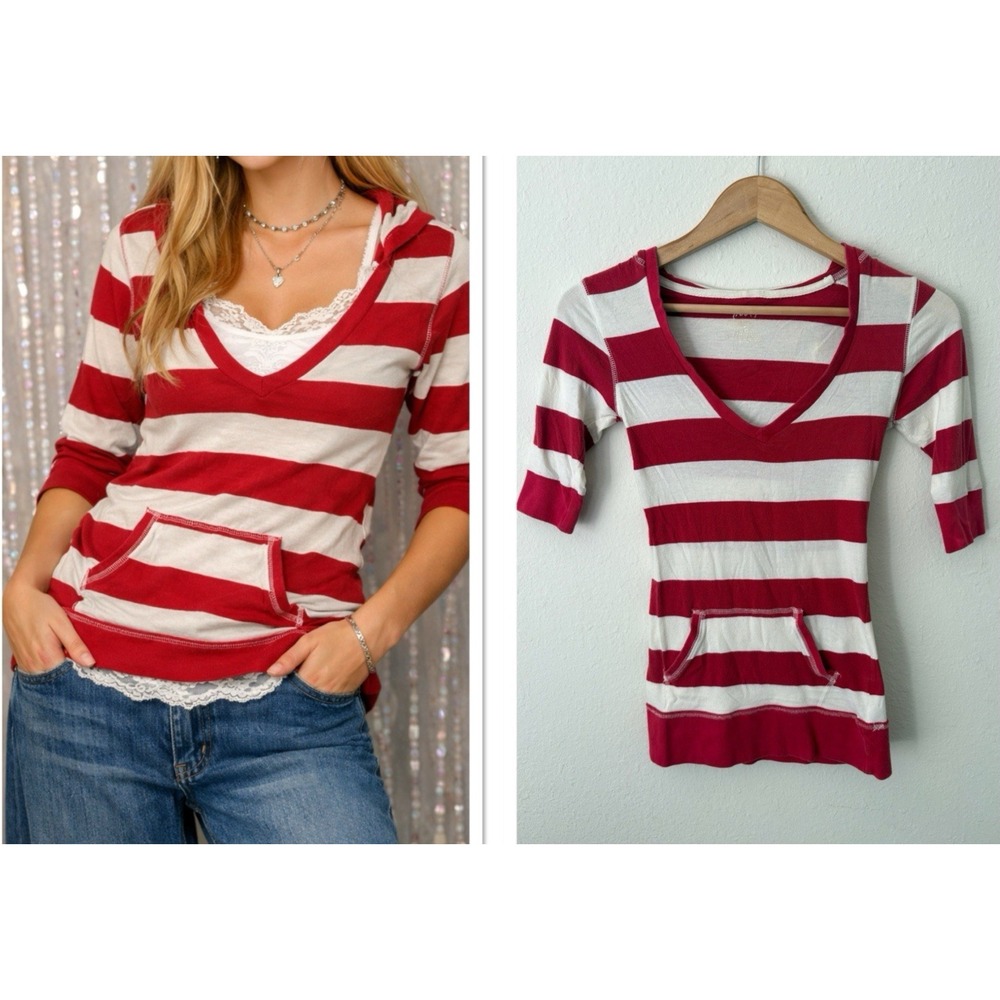 Y2K Soft Girl Red White‎ Stripe Hooded Tunic V Neck Kangaroo Pocket Top M Layer